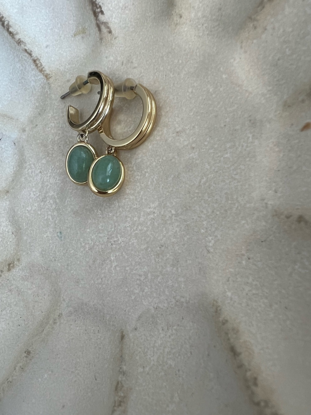 Gold Hoop Earrings with Jade Green Stone Charms